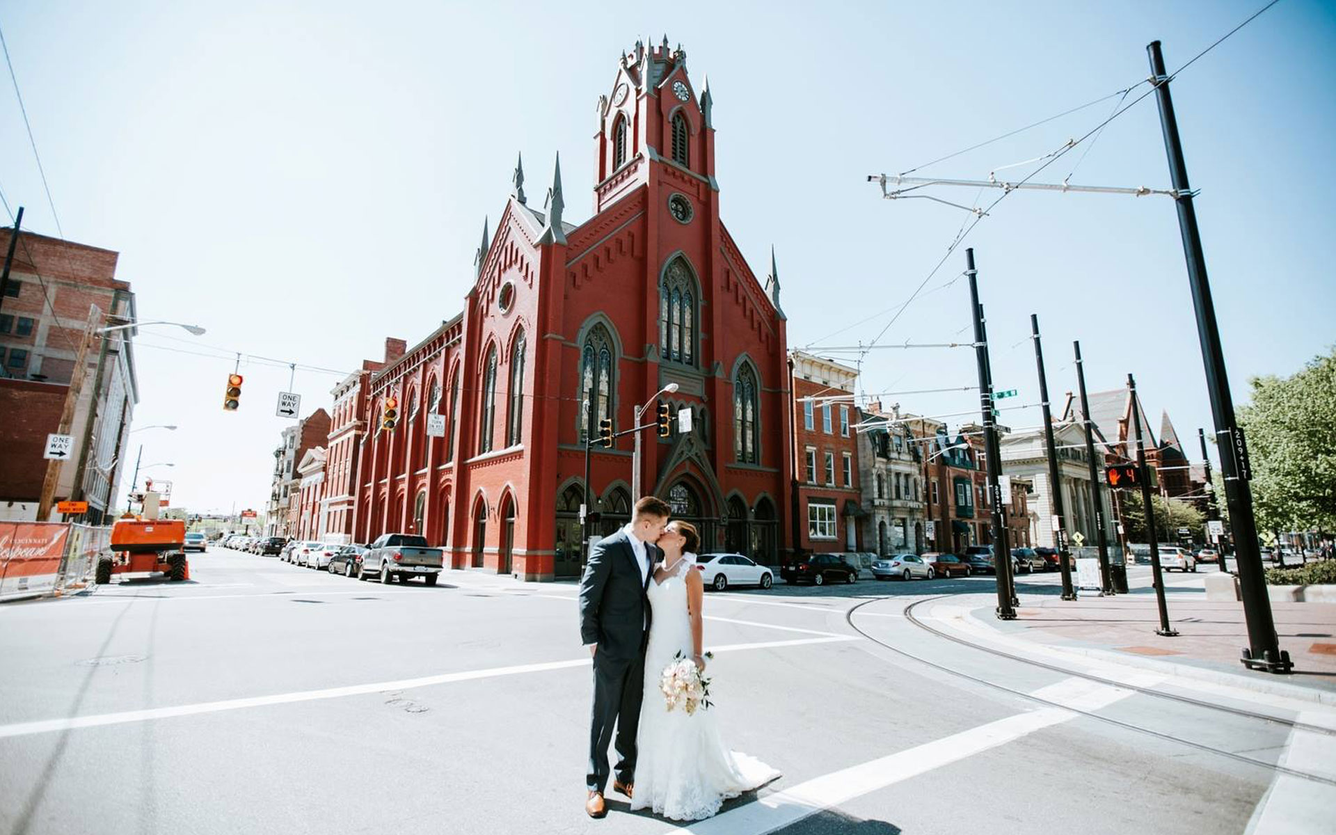 Bride and groom outside the transept